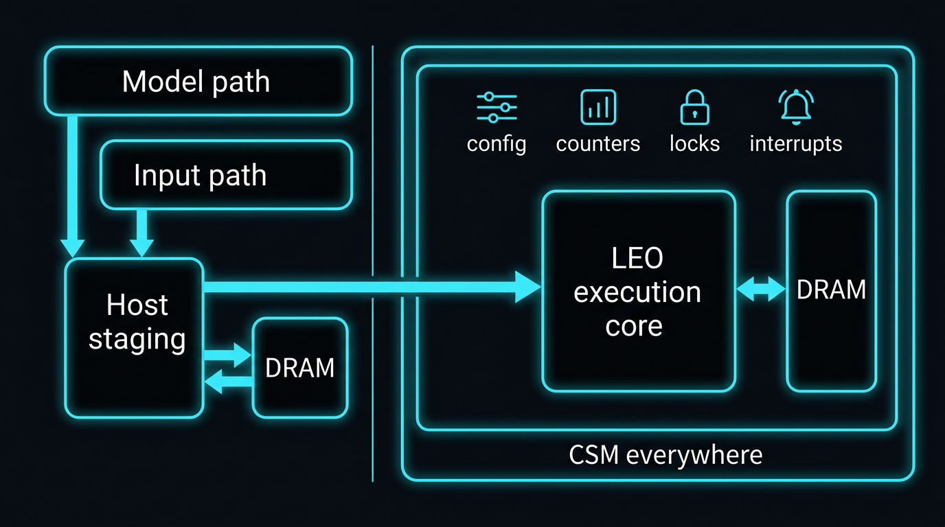 Diagram: model path and input path merge into host staging; host staging has its own DRAM for staging and connects directly to the LEO execution core; the core also exchanges data with separate device DRAM; CSM spans configuration, locks, interrupts, and hardware performance counters.